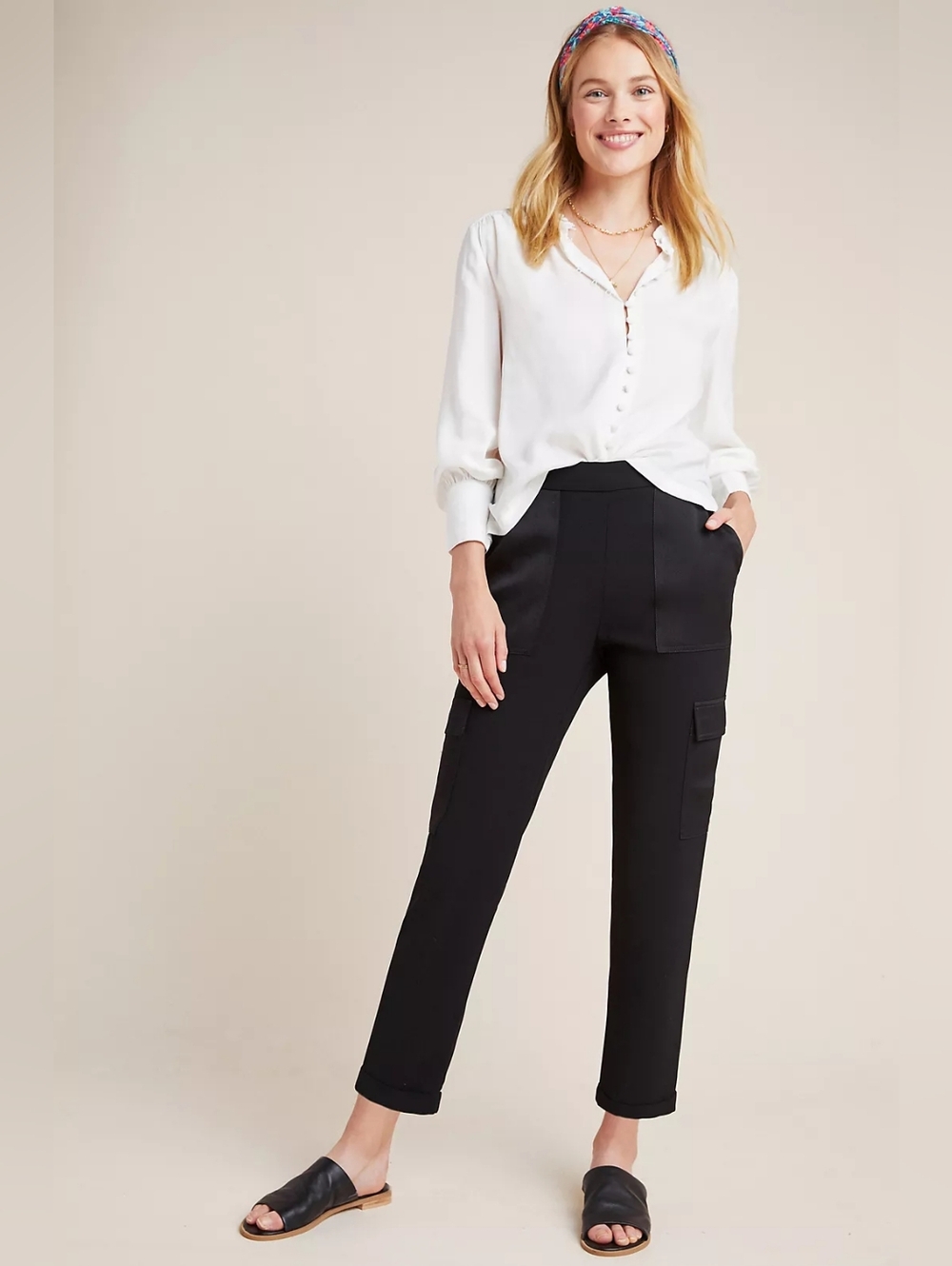 Maeve Anthropologie Delancey Satin Trim Black Crepe Cargo Dress Pants In S NWT